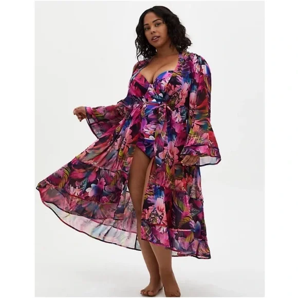 Torrid Pink and Purple Floral Swimsuit with Matching Kimono (Size 2 - 16/18) - Picture 1 of 13